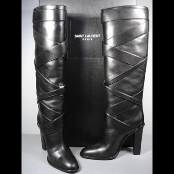 Yves Saint Laurent Shoes - YSL black leather knee high boots w stacked heel